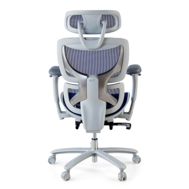 chaise ergonomique blanc bleu structure blanche maille accoudoirs reglables 3d appui tete repose pieds extensible 5