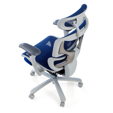 chaise ergonomique blanc bleu structure blanche maille accoudoirs reglables 3d appui tete repose pieds extensible 8