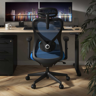 chaise de bureau bleu structure noire maille accoudoirs reglables 1d soutien lombaire appui tete 2