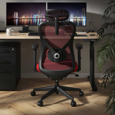 chaise de bureau rouge structure noire maille accoudoirs reglables 1d soutien lombaire appui tete 2